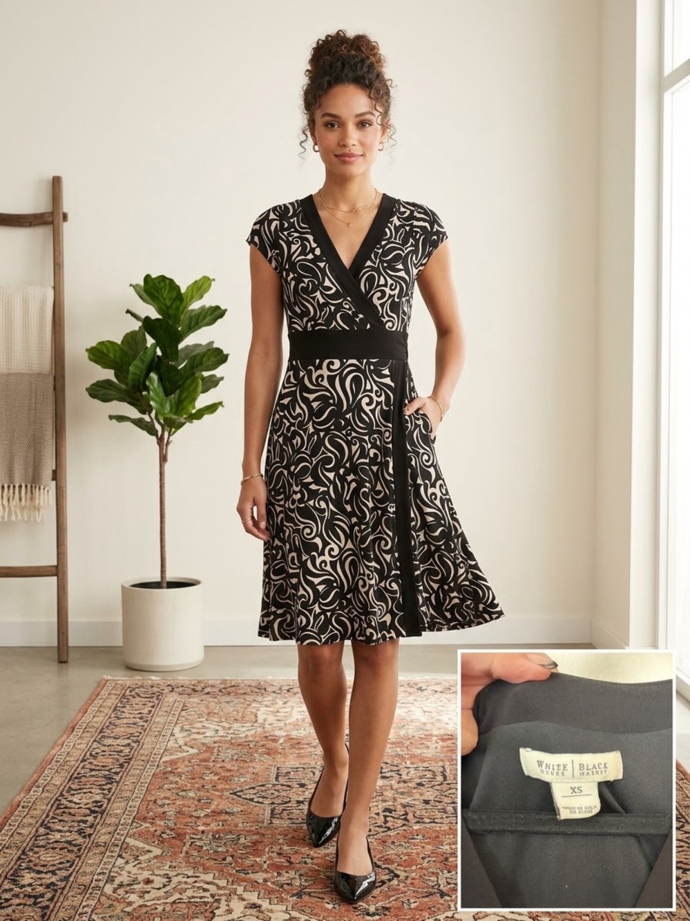White House Black Market Black & Cream Swirl Fit-and-Flare Dress